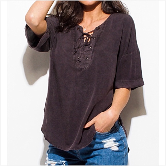 Relaxed Sexy Boho Lace Up Acid Wash Top SMLXL - Picture 3 of 7
